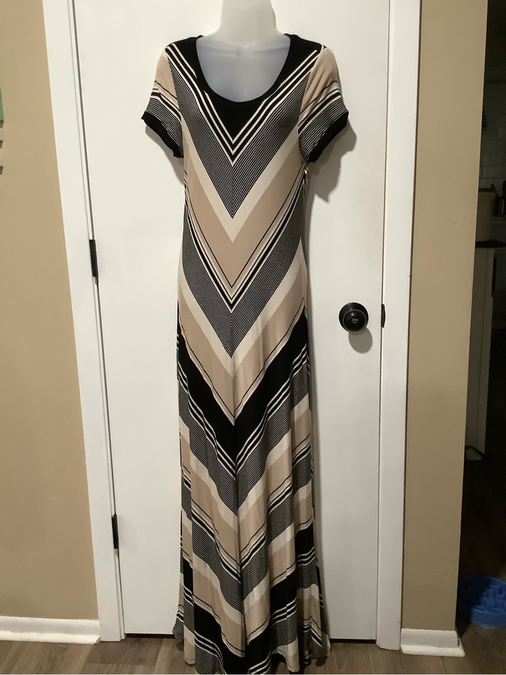 Calvin Klein Black and Beige Chevron Maxi Dress